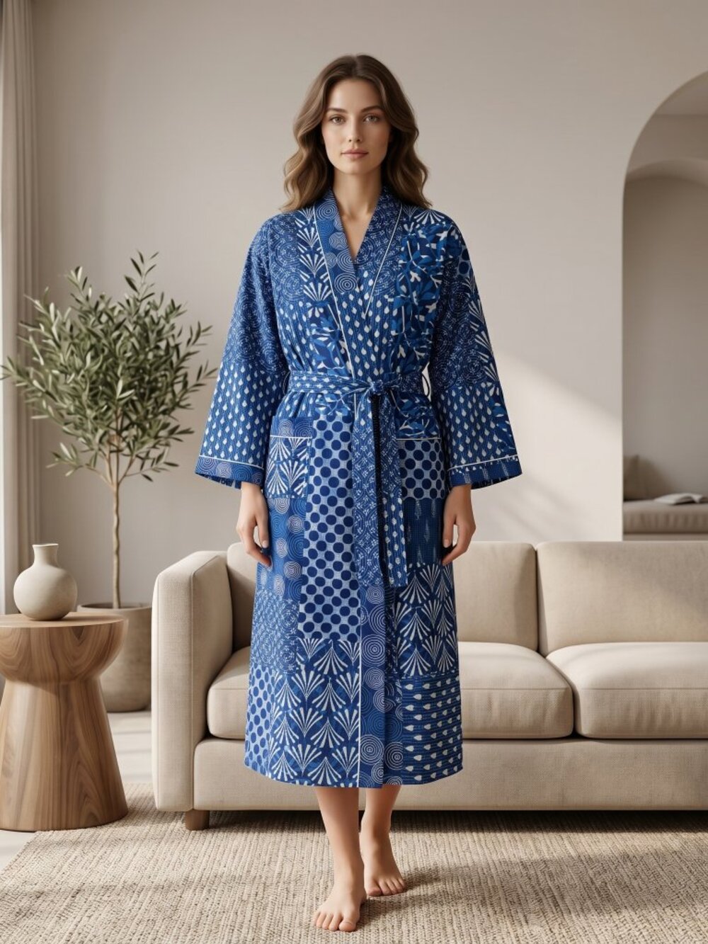 Floral Kimono Robe for Women – Handmade Cotton Lounge Robe, Boho Botanical Print